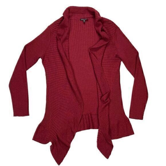 Eileen Fisher Wool Cardigan Sweater Womens Medium Burgundy Open Front Ruffle Hem - Picture 1 of 16